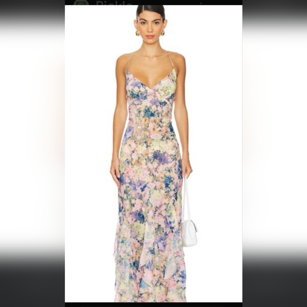 For Love & Lemons Floral Maxi Dress in Pastel Pink, Blue, Cream